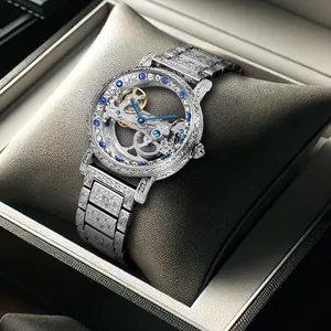 Fashion Men's Automatic Skeleton Mechanical Watch Luxury Vintage Engraving Stainless Steel Waterproof Watch