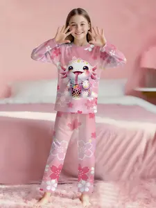 Cherry Blossom Axolotl Drinking Milk Tea 2-piece Set for Girls. Long-sleeved pajamas with digital printing and extended sleep pants made of flame-retardant fabric. A stylish, trendy, casual, comfortable and soft pajama set, suitable for sleeping and home