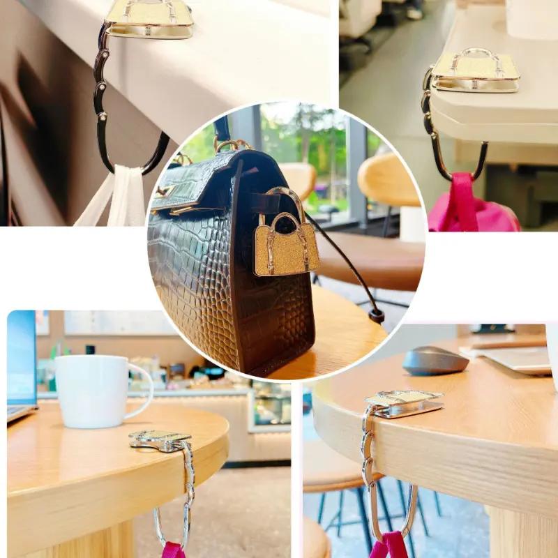Foldable Camping Purse Hook, Portable Table Edge Bag Hanger for Outdoor Picnic and Travel, Compact Handbag Holder with Leather Pad, Space-Saving Organizer Gift for Women