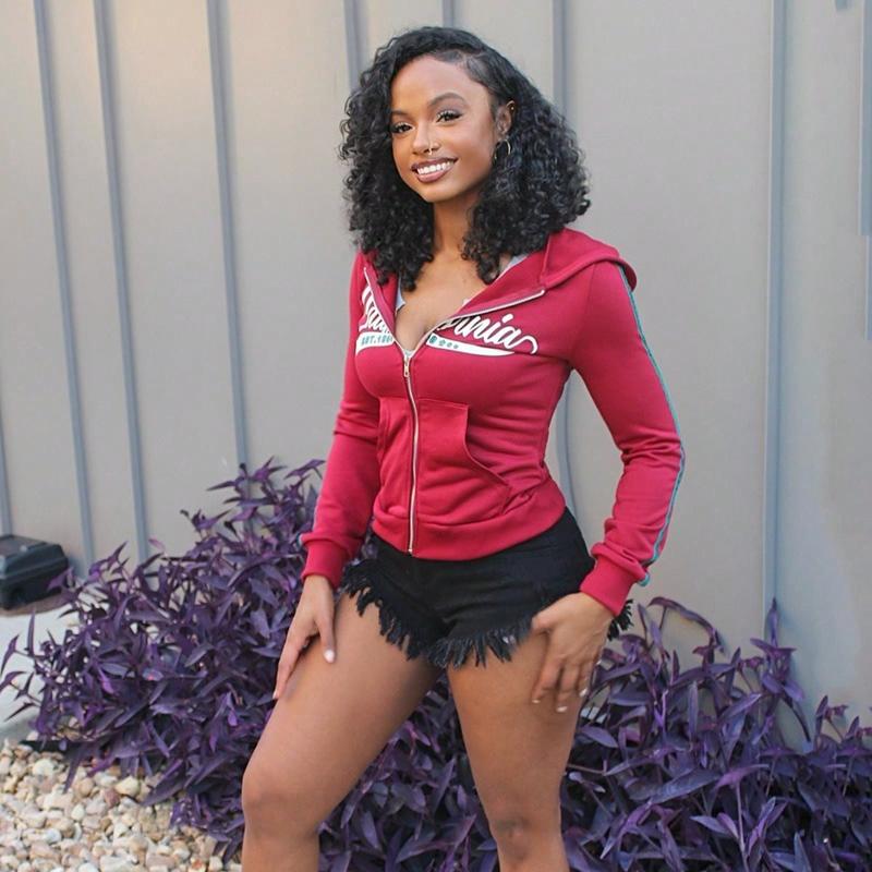 Red Zip-Up Hoodie for Women . California Graphic Hoodie .Stylish Fall Jacket with Pockets . Casual Streetwear Outfit . Black Frayed Denim Shorts . Trendy Women's Fashion TikTok