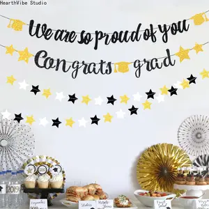 Graduation Celebration Party Backdrop Decor — Glitter Banner, Mortarboards, and Star Streamers