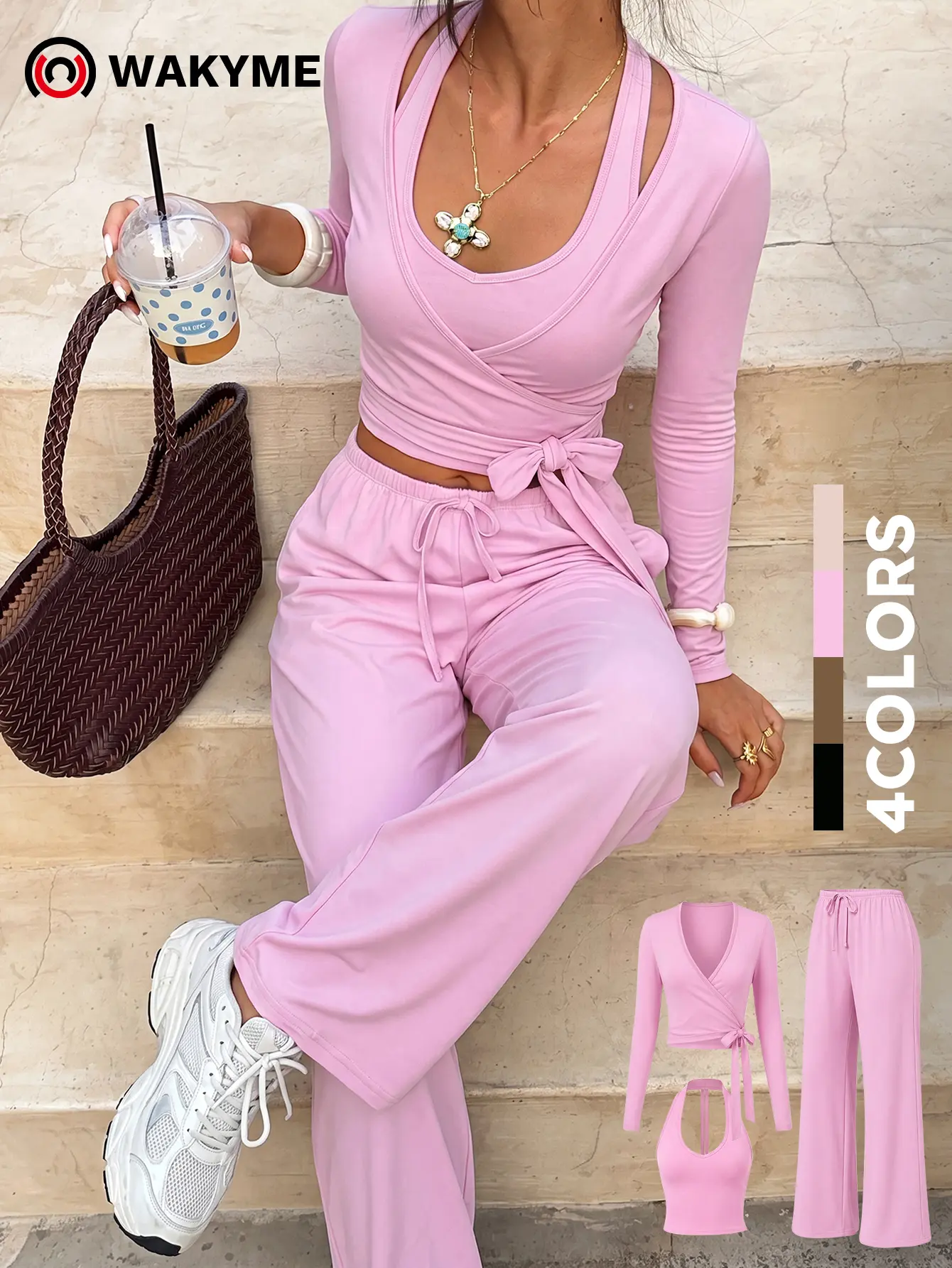 Women's 3 Piece Athleisure Workout Set Tie Front Long Sleeve Jacket Halter Backless Padded Sports Bra High Waist Leggings Yoga Running Gym Activewear