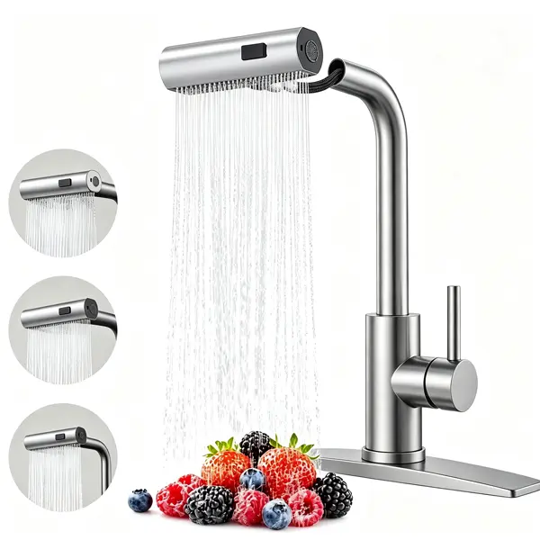 Kitchen Faucet, Black Waterfall Pull-Down Tap, High Arc Single Handle Pull Out Faucet, 360 Swivel, 3 Modes Spray Head, Stainless Steel Hose, 7-Layer PVD Finish, 1 or 3 Hole, Pre-Installed Hoses, 80mm Rod for Thick Countertops, Modern Gun Grey Tap