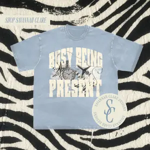 "BUSY BEING PRESENT" Distressed Neckline Tee