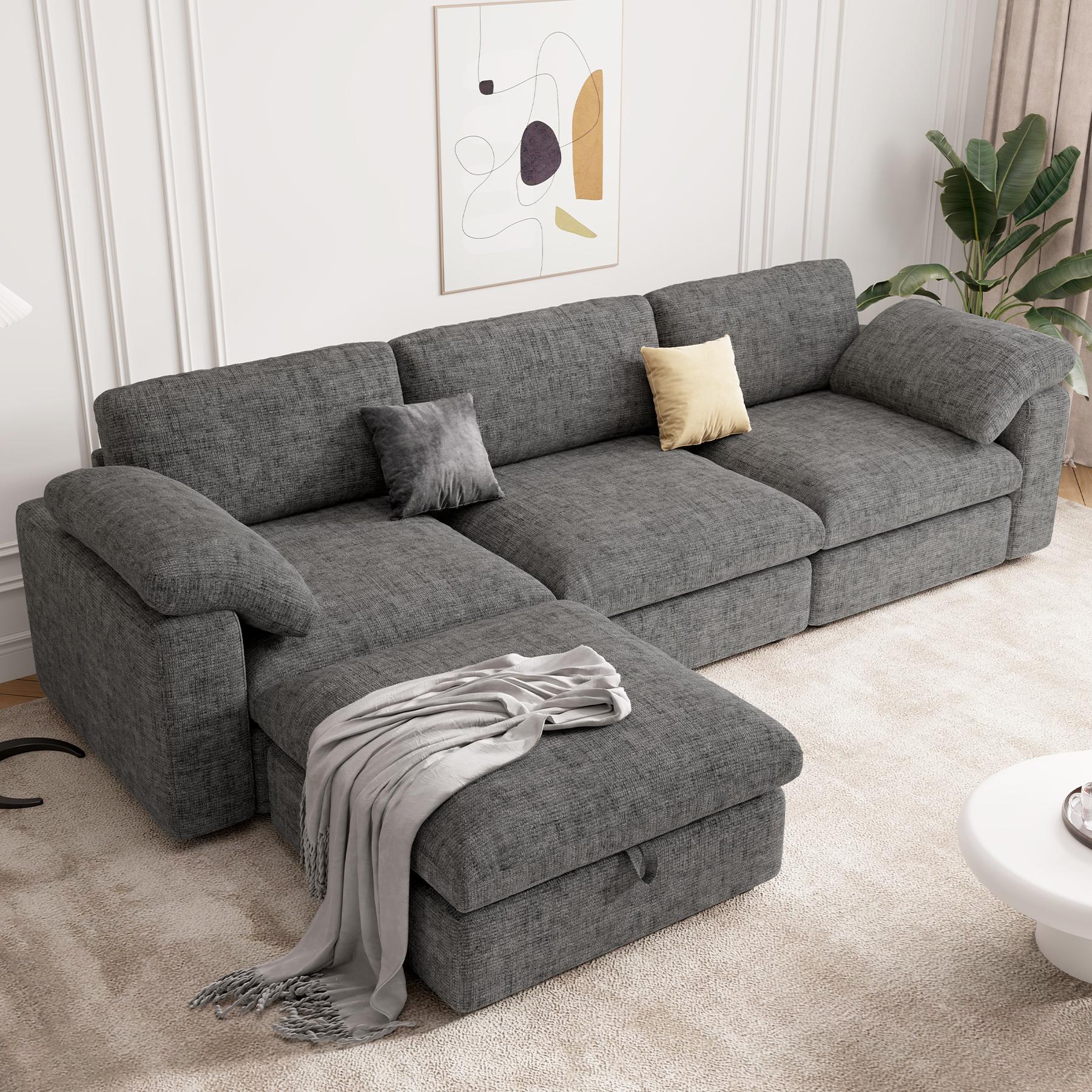 【Shipped in four Packages】118" L Shaped Modular Sectional Sofa, Oversized 3-Seater Convertible Cloud Couch, Modern Chenille Sectional Couches for Living Room, Cream White 1 PCS