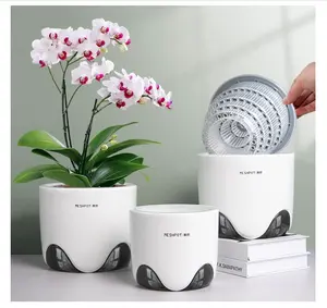 5 inch Orchid Pots with Holes for Repotting,Set of 2,Double Layer Plastic Imitate Ceramic Orchid Planter Provide Good Air Circulation,Clear Orchid Pot Match Decorative Orchid Container