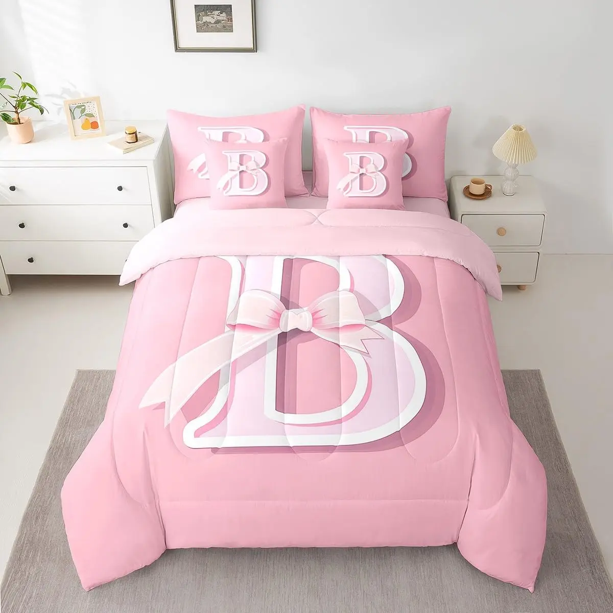Feelyou 7-Piece Personalized Initial B Monogrammed Pink Bow Bedding Set - Breathable Soft Blanket, Ultra-Soft Comforter, Sheets, Pillowcases Included Complete Unique Bedding Set, Bedding Sets