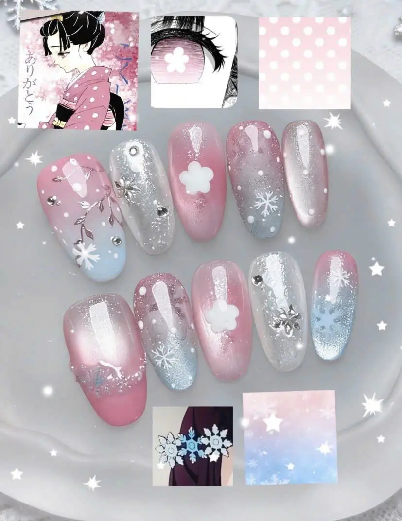 Handmade Demon Slayer Inspired Press On Nails, Hakuji Koyuki Winter Gel Nail Set with Free Adhesive Tabs Nail File Cuticle Stick