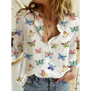 Women'S Casual Butterfly Print Long Sleeve Button-Up Shirt - Vibrant Multicolor Design, Relaxed Fit, Perfect for Spring & Fall, Butterfly Print Blouse