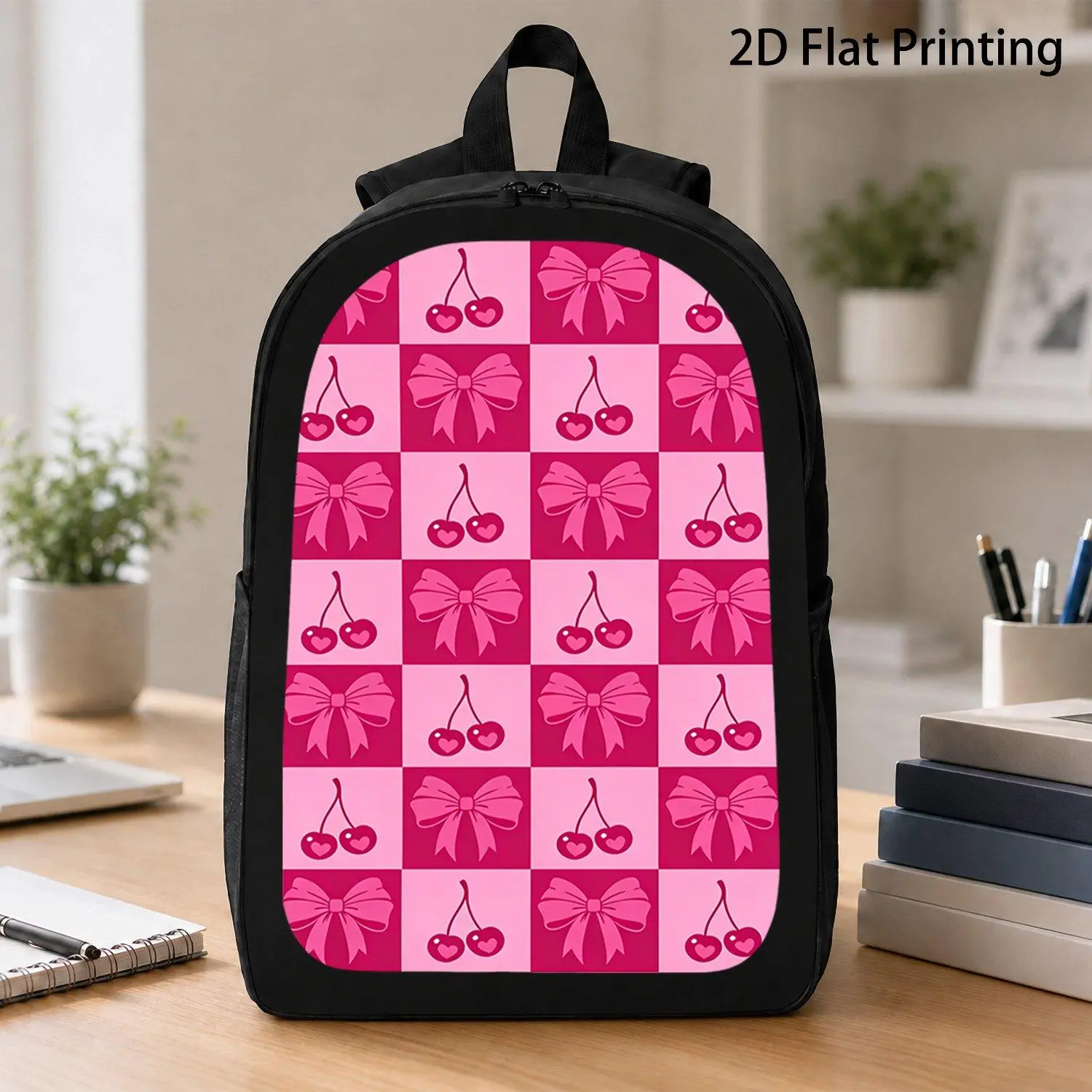 1pc Backpack with Pink Checkered Cherry And Bow Print Casual Daily Bag for School Travel Outdoor Use
