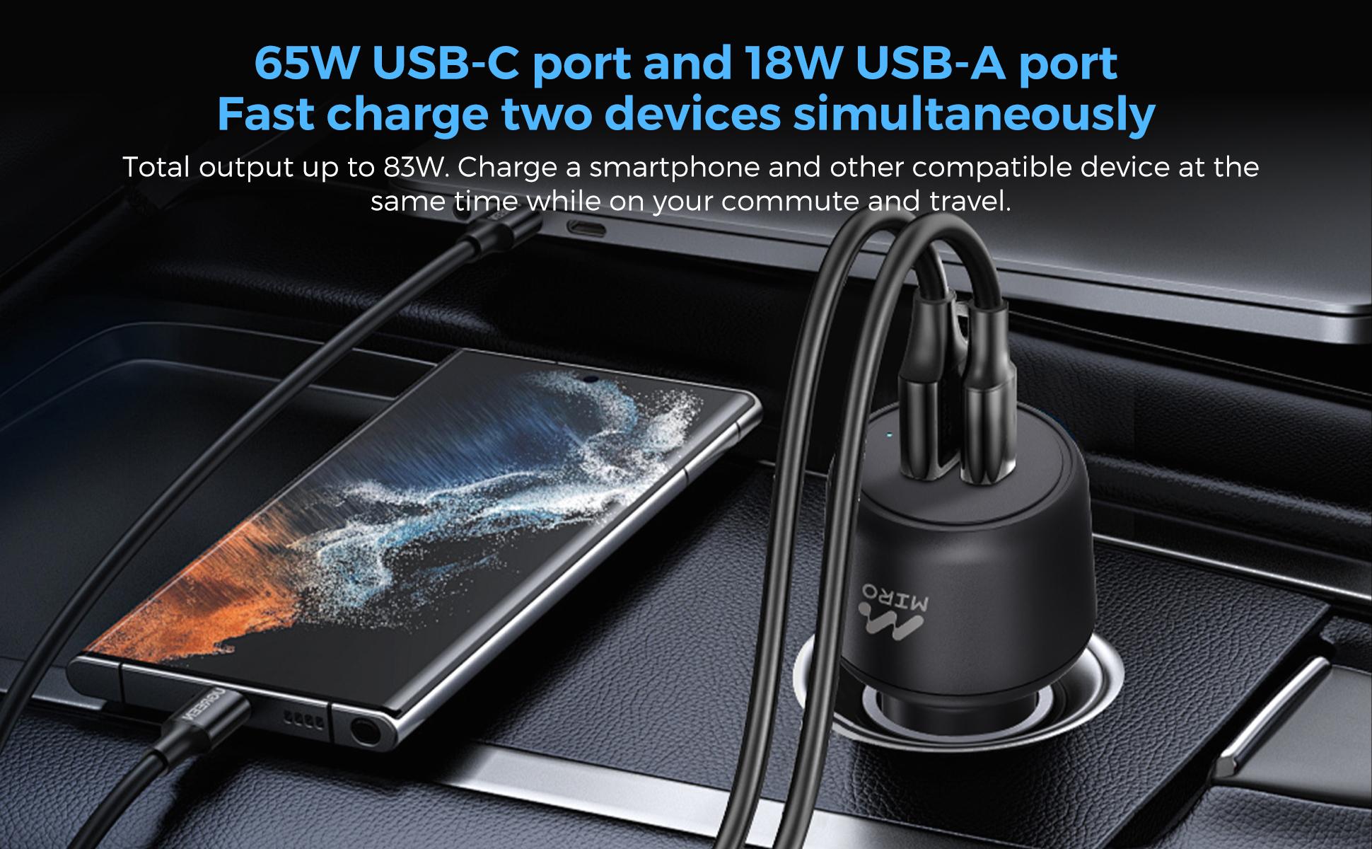Miro D3 Car Charger 83W Dual-Port Fast Charging 65W PD 18W QC3.0 Safe Compact USB-C & USB-A Ports