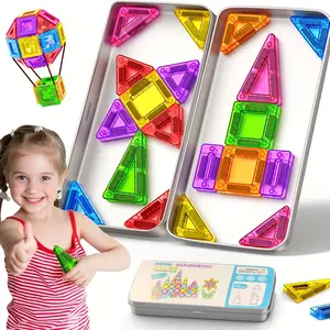 Colorful Magnetic Tiles for Kids 3+, 42PCS Travel Size Magnetic Building Blocks with Metal Storage Box, Educational STEM Construction Toy Birthday Gift for Boys Girls
