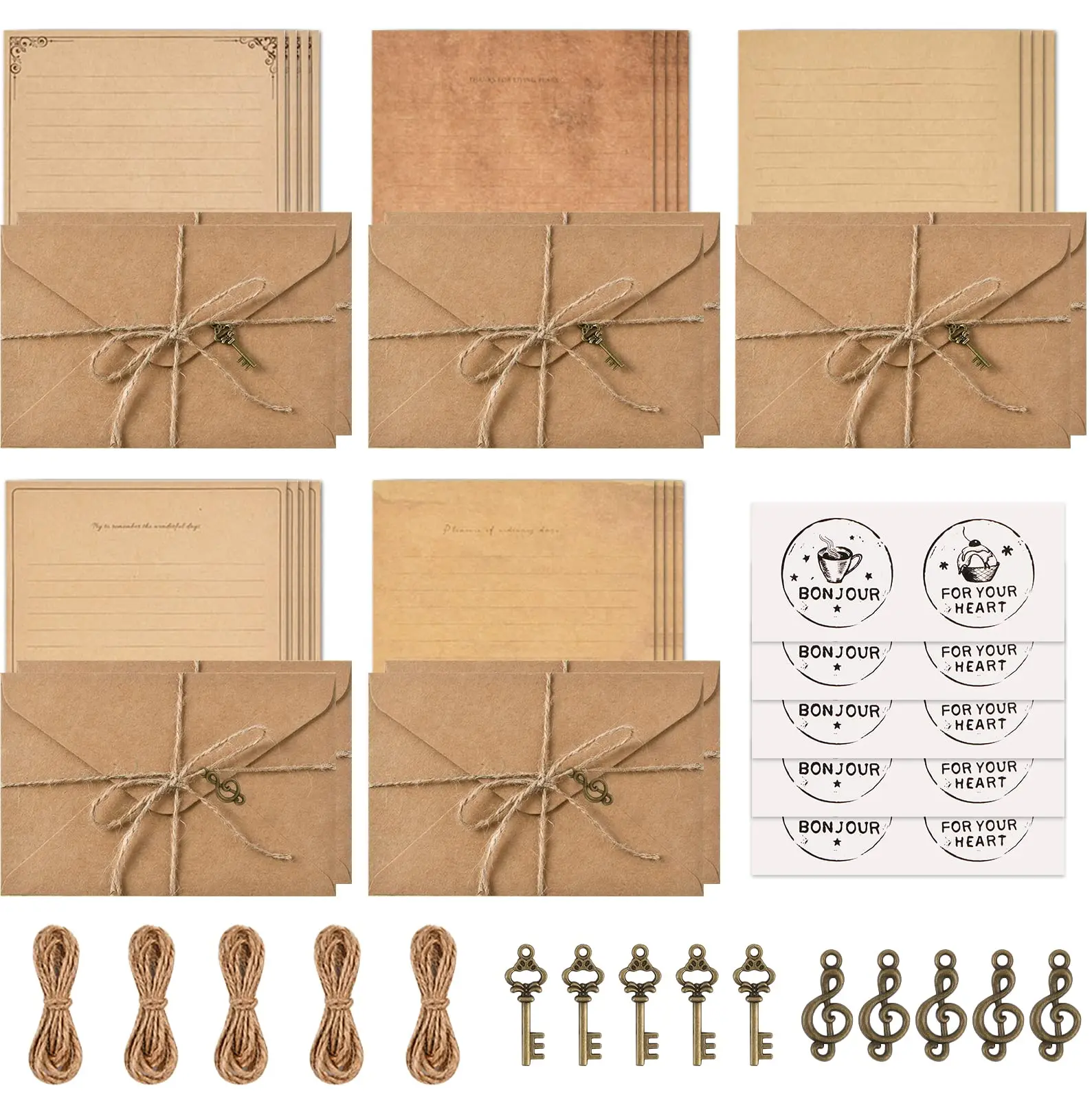 Vintage Stationary Paper and Envelopes Set,Writing Stationery Paper Letter and Envelopes Includes 20 Sheets of Vintage Letter Papers,10 Envelopes,10 Hemp Ropes,10 Retro Keys, Vintage Charm, Twine