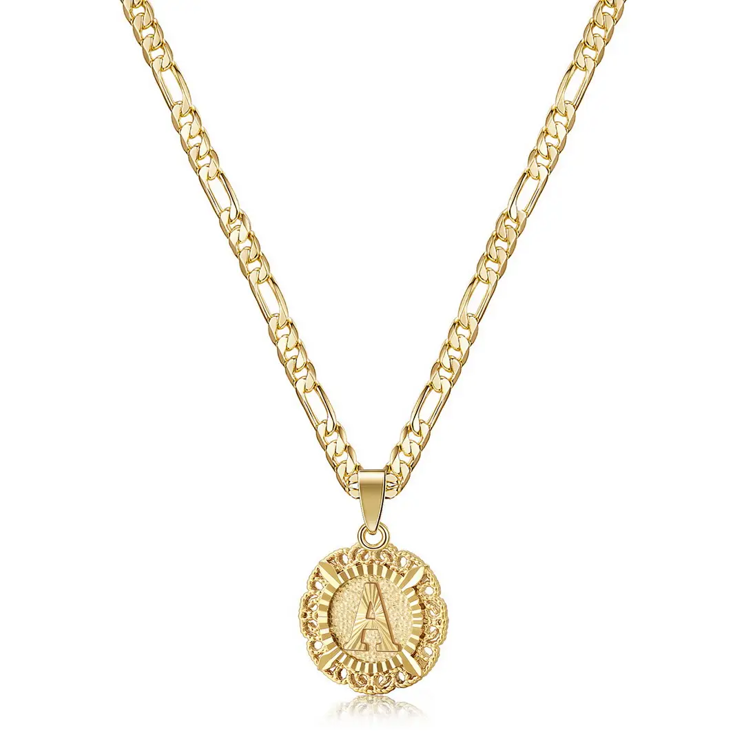 KISSYAN Initial Necklace For Women Girl, 14K Gold Plated Round Letter Pendant Necklace Capital Monogram Necklace Alhpabets from A-Z Figaro Chain Neckl