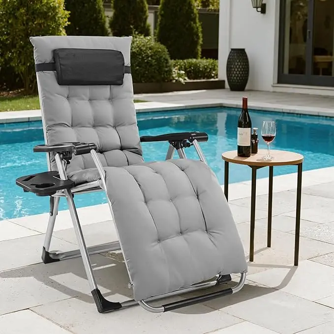 Oversized Zero Gravity Reclining Lounge Chair with Removable Cushion Side Tray Indoor Outdoor Patio Foldable Recliner