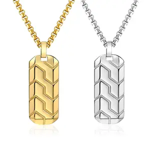 Trendy men's stainless steel rectangular antique silver pendant - popular versatile titanium steel hip hop style necklace jewelry