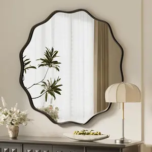 Black scalloped circle mirror 30 wavy edge round wall mirror with tempered glass textured circular metal deep frame hanging leaning for bathroom hallway entryway livng room