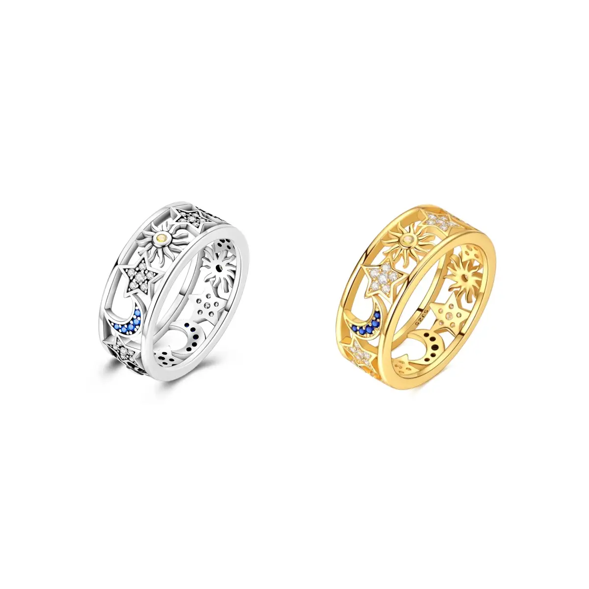MULA 925 silver-plated star, moon and sun hollow ring | Inlaid with dazzling zircon | Light luxury starry sky design | Ideal for women to wear daily o