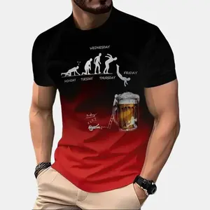 Men's 3D Printed Beer Evolution Graphic Tee, Humorous Monday-Friday Human Evolution Design, Gradient Blue/ Casual Summer Outdoor Wear