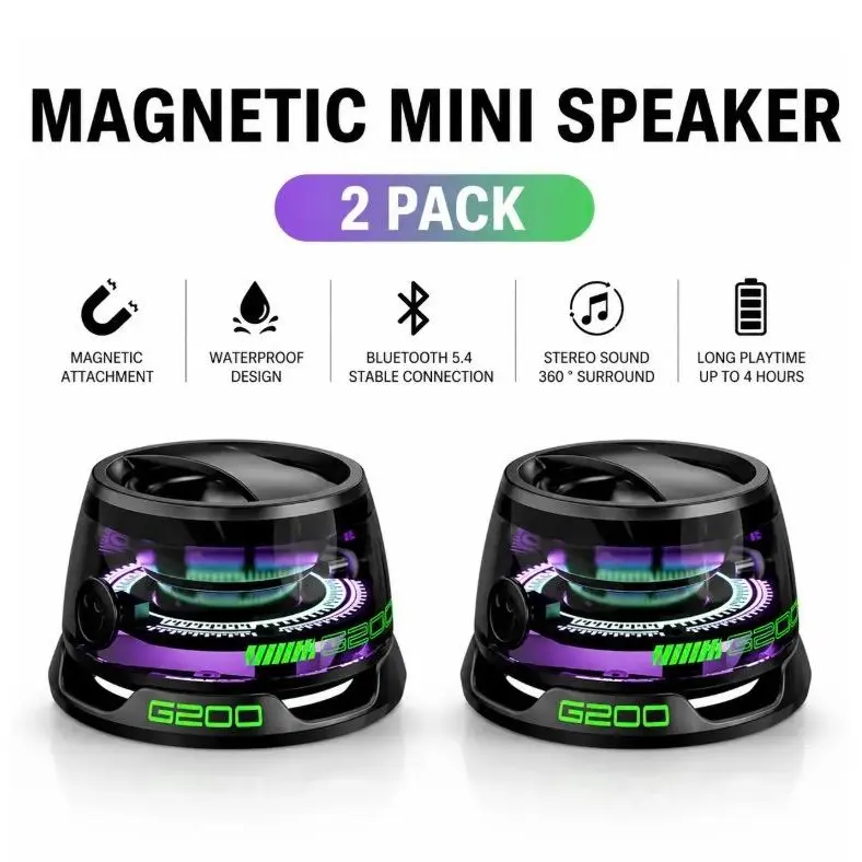 G200 Magnetic Snapon Portable Miniature Palm-Sized Cordless Bluetooth 5.3 Speaker - 5W Transparent RGB Light, Game Mode, 7H Playtime, Phone Stand, Strong Connection, Rich Audio, Compact Sound System, with Batteries (Black) for iPhone, Travel