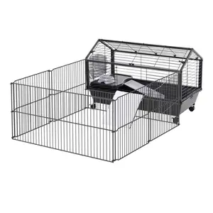 Small Animal Cage With Collapsible Activity Area, Rolling Rabbit Cage, Guinea Pig Cage, Hedgehog Cage With Water Bottle, Water Bowl, And Ramp, 35 Inches Long