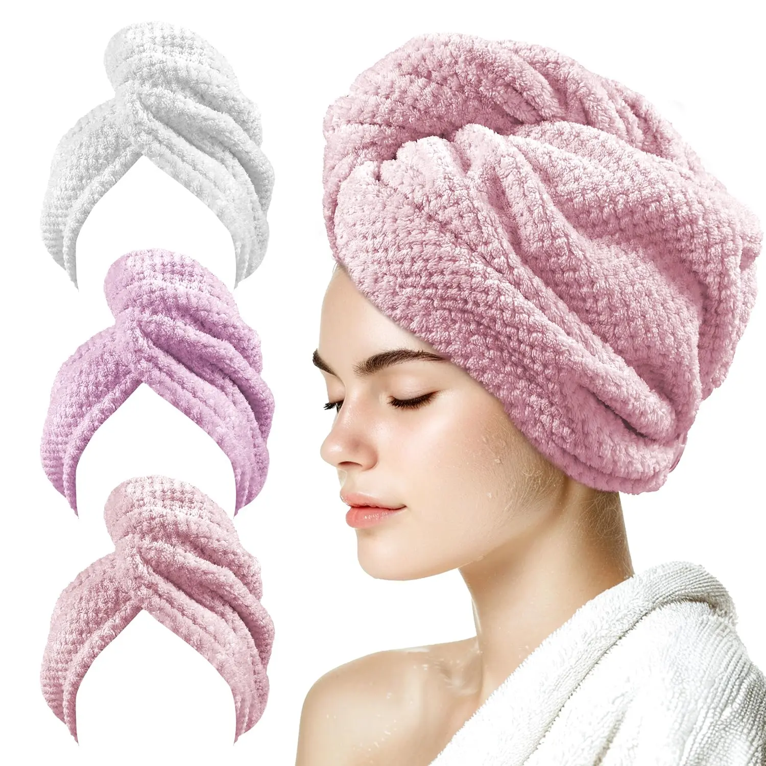 3 Pack Hair Towel Wrap for Women, 25.4" x 9.8" Microfiber Towels, Super Absorbent Quick Dry with Button for Curly Hair Anti Frizz (,White,Purple)