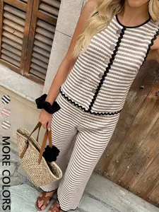 2pcs Women Summer Patchwork Ribbon Trim & Button Decor Blouse & Pants Two Pieces Outfit, Womenswear
