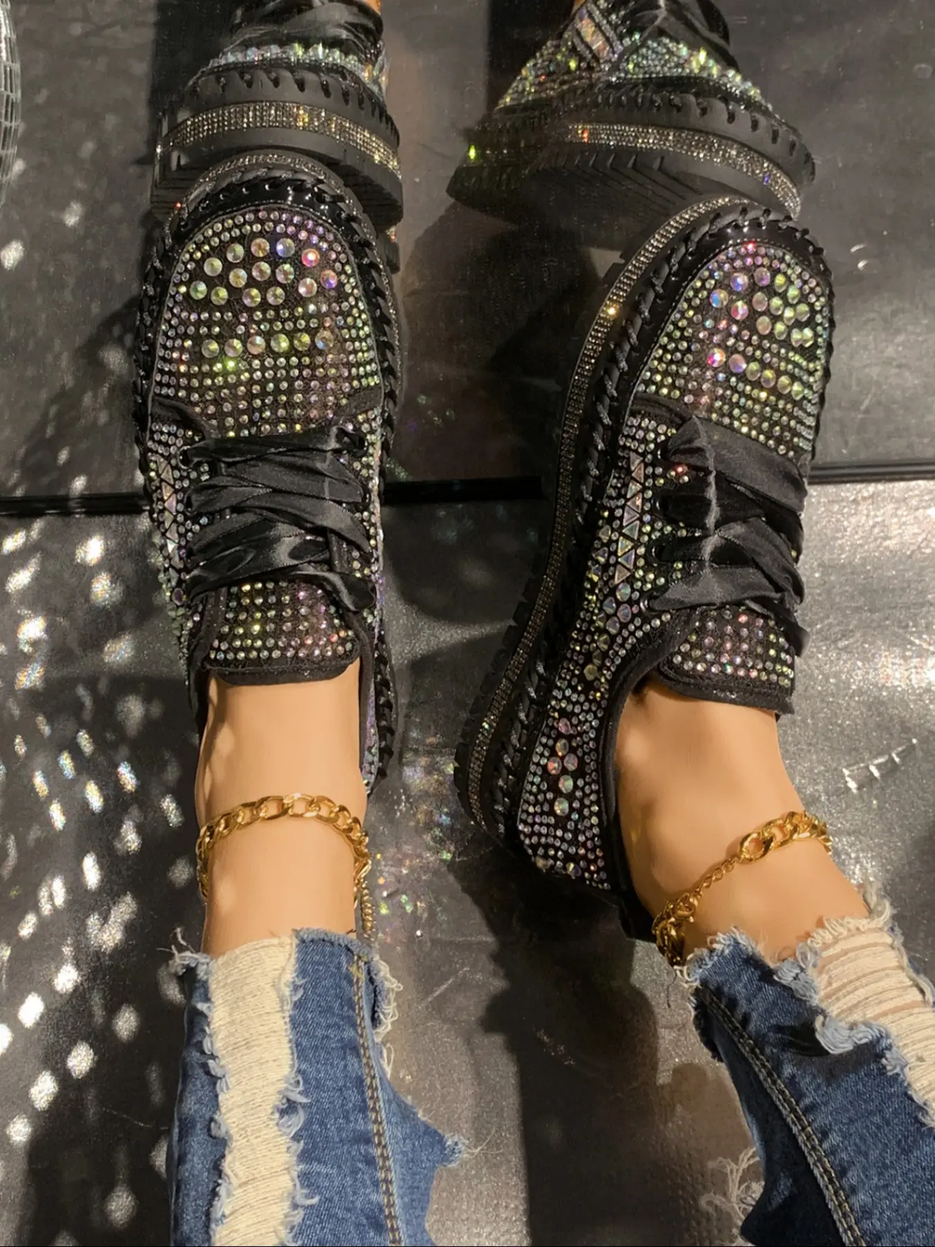 Colorful Sequins Rhinestone Elastic Band Platform Bag, Anti-Slip Women's Casual Slip Ons Fashion Shoes, Comfortable Trendy Footwear for All Occasions