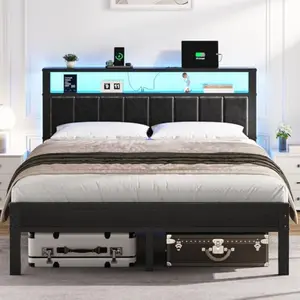 Queen Size Bed Frame with LED Lights & Charging Station, Modern Platform Bed with 2-Tier Storage Headboard, No Box Spring Needed, Noise Free
