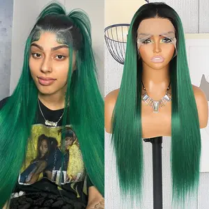 13x4 Ombre Green Synthetic Lace Front Wig For Women Dark Roots Heat Resistant Fiber Pre-Plucked Hairline Glueless Design For Easy Wear Perfect For Parties Daily Use 180% Density Ready To Wear 28 Inch