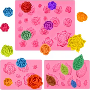 Rose Flower  Mold, Leaves Candy Mold, 3 count Mini Rose and Leaf  Molds for  Fondant Sugarcraft Clay Candy  Cupcake Toppers Cake Decorating