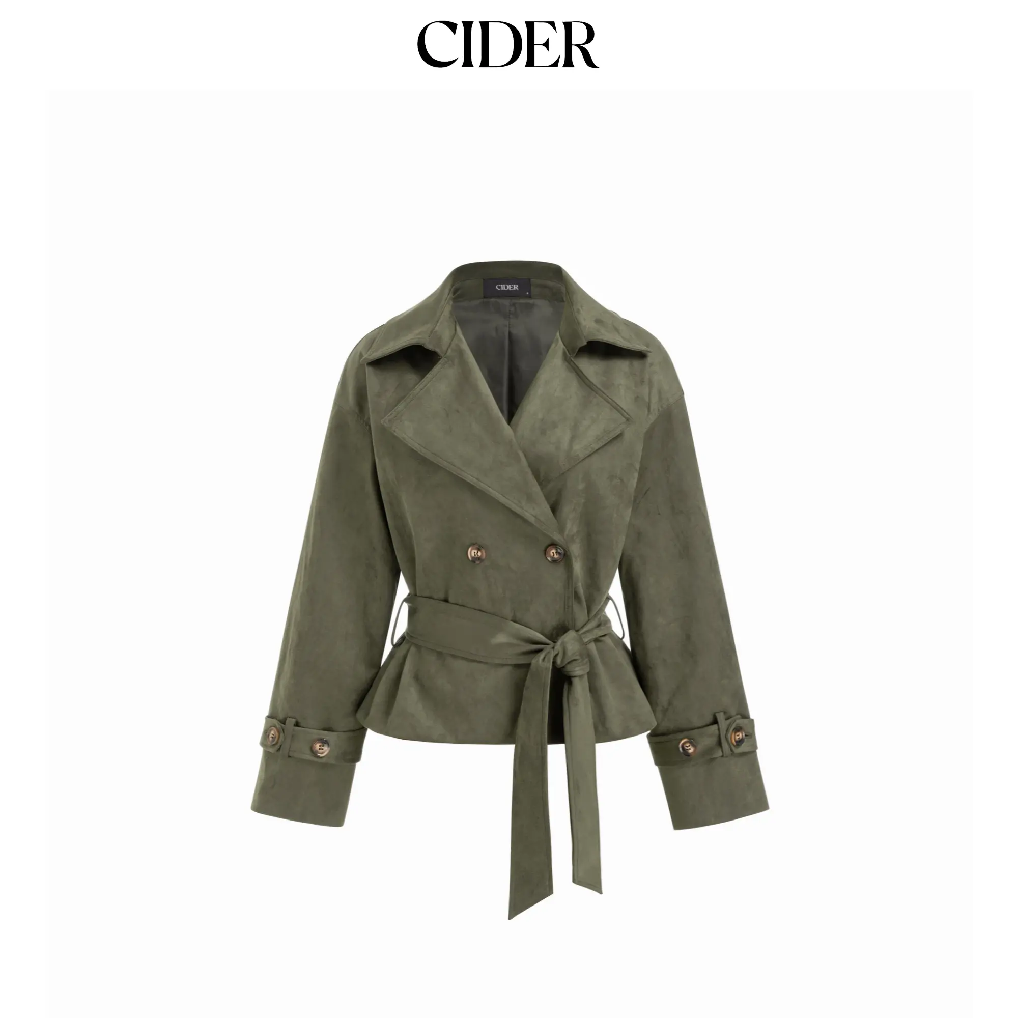 Cider Suede Collar Double Breasted Trench Coat With Belt