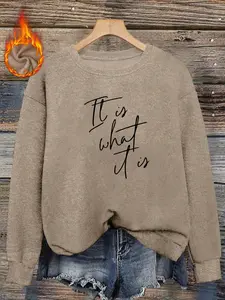 Casual Fitted Round Neck Long Sleeve Pullover Top, Soft Plush Fabric, Handwritten English Print, Lazy Loose Fit, Daily Wear, Fall & Winter Fashion, Sweatshirts, Streetwear Sweatshirt