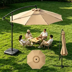 【SummerVibes】10ft Solar LED Patio Umbrella with Base & Light, UPF50+ UV Protection Outdoor Offset Cantilever Patio Umbrella LED Lighted Hanging Patio Outdoor Market Umbrella with Easy Tilt and Crank for Pool Deck & Garden