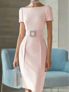 Elegant Women's Plain Color Bodycon Dress with Belt, Fitted Slimming Boat Neck Party Wear Formal, Fashionable & Versatile Daily