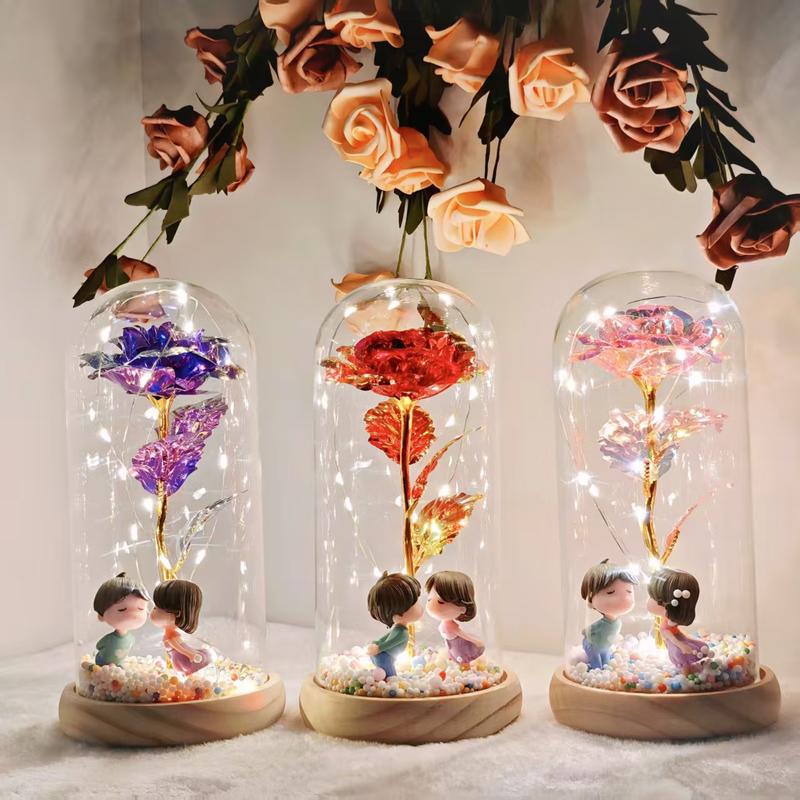 Artificial Roses withLED Lights in Clear Glass Storage Box Single Stem Home Party Decorations for Valentine's Day Christmas Festival
