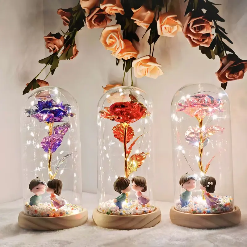 Artificial Roses withLED Lights in Clear Glass Storage Box Single Stem Home Party Decorations for Valentine's Day Christmas Festival