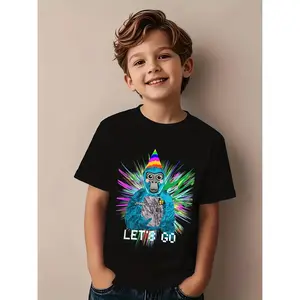 Boys' Casual T-Shirt - Gorilla VR Game Design, Perfect for School, Travel, Work & Everyday Wear - Stylish Black with Colorful Patterns, Game-Themed, Functional Design