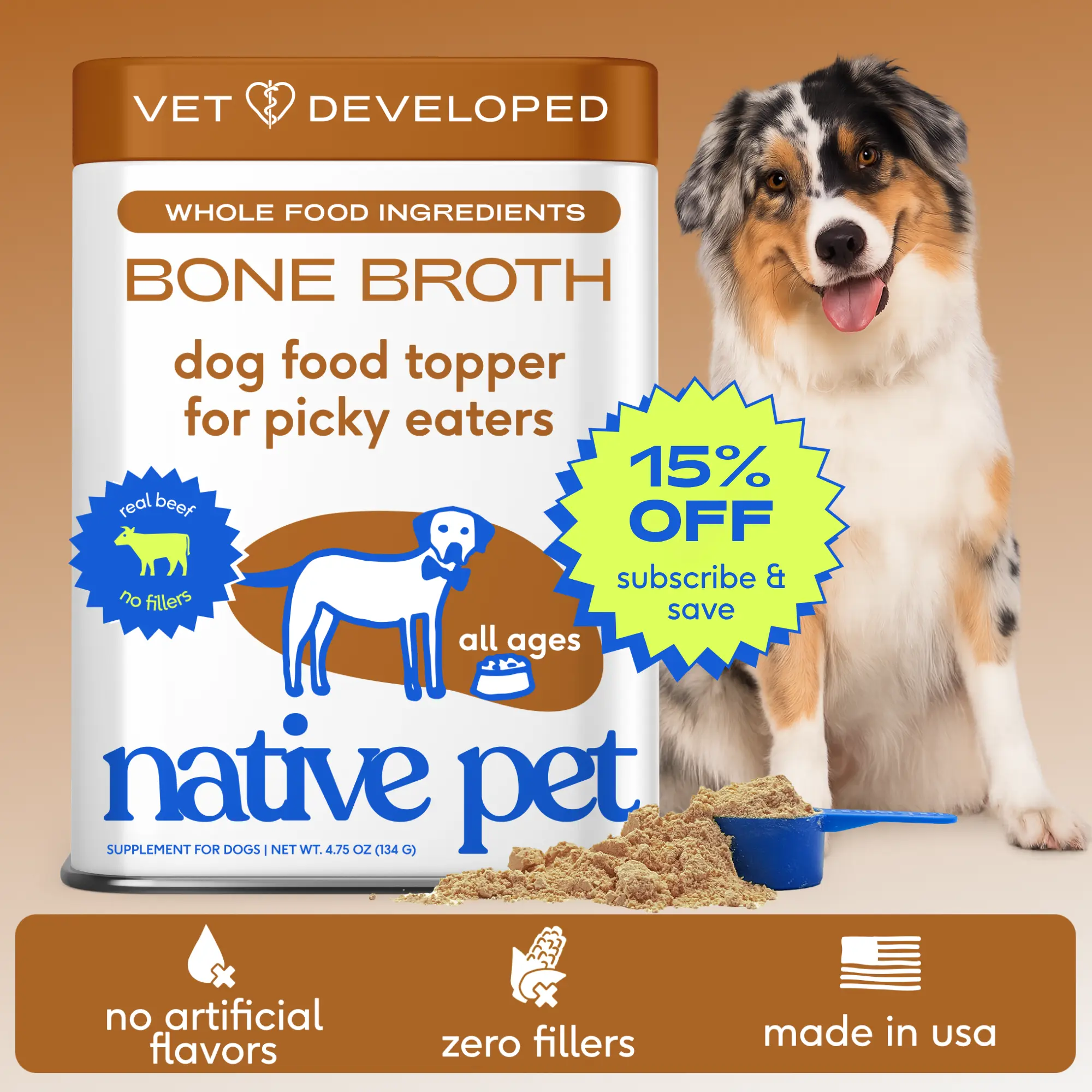 Native Pet Bone Broth for Dogs - Made with Real Beef Bone Broth, Dog Food Toppers for Picky Eaters - Provides Extra Hydration & Nutrition for Joint Strength, Immunity & Heart Health