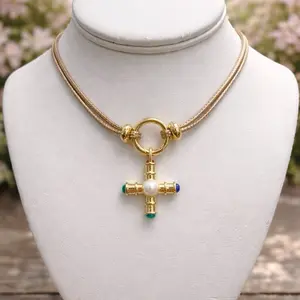 Gold Cross Pendant Necklace with Pearl Center – Elegant Multi-Strand Cord Choker