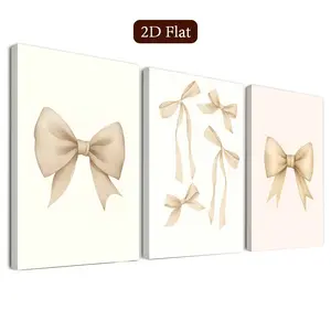 Elegant Ribbon Wall Decor Set, Bow Canvas Art Prints, Cream Tone Poster, Framed, for Living Room, Bedroom, Home Office, Bathroom