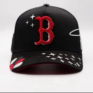 B Murakami Bigg Boss Black Baseball Cap with Red Letter B and White Stars Design