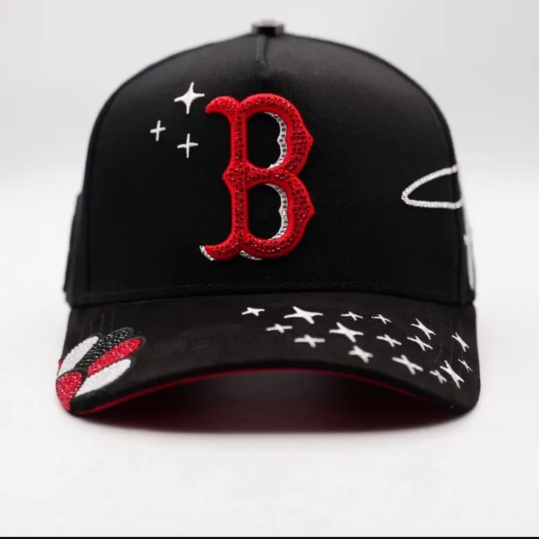 B Murakami Bigg Boss Black Baseball Cap with Red Letter B and White Stars Design