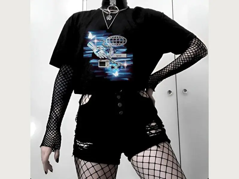 Women's 2000s Cybercore Graphic T-Shirt - Smooth Lightweight Fabric, Techwear Alternative Top, Webcore Cybergoth Y2K Alt Clothing, Cargo Jackets-Inspired 2000s Tech Design for Tired People