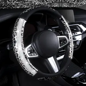 girl woman steering wheel covers Leopard Print Bling Rhinestone Steering Wheel Cover Fits 14.5" - 15" steering wheels