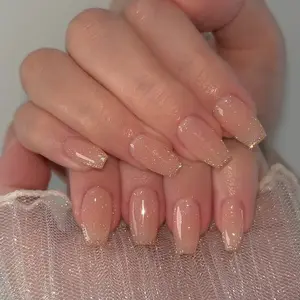 24pcs Long Rectangle Nude Gold Glitter Press-On Nails Set, Includes Jelly Glue and Nail File, Perfect for Parties, Dancing, Daily Use