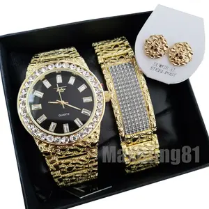 ICED HIP HOP GOLD FINISHED BLING GOLDEN NUGGET DESIGN LUXURY CASUAL WATCH & BRACELET & EARRINGS COMBO SET