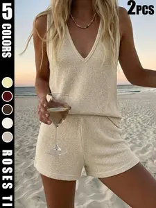 Women's Beach Knit Two-Piece Set, V-Neck Tank Top, Knitted Shorts, Loose Fit, Casual Summer, Comfortable and Stylish