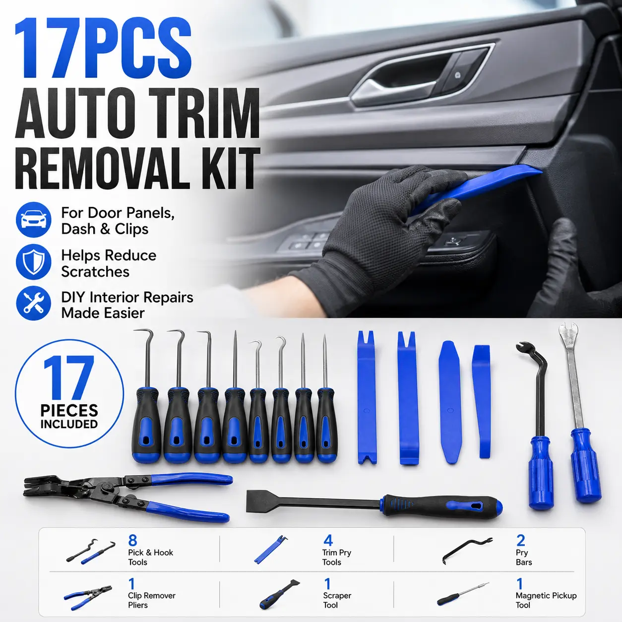 17pcs Auto Trim Removal Tool Kit, Car Door Panel Dashboard Pry Tools, Clip Fastener Remover Pliers, Hook Pick & Scraper Set for Interior Stereo Audio Installation