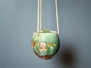 Copper Green Handmade Hanging Planter Pot with Drainage Hole, 4.5 Inches Wide x 4 Inches High, Porcelain, Indoor/Outdoor Use, Rope Length 24"
